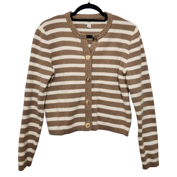 J Crew Striped Cotton Cardigan Size S Taupe & White Knitted Cotton - Picture 1 of 8